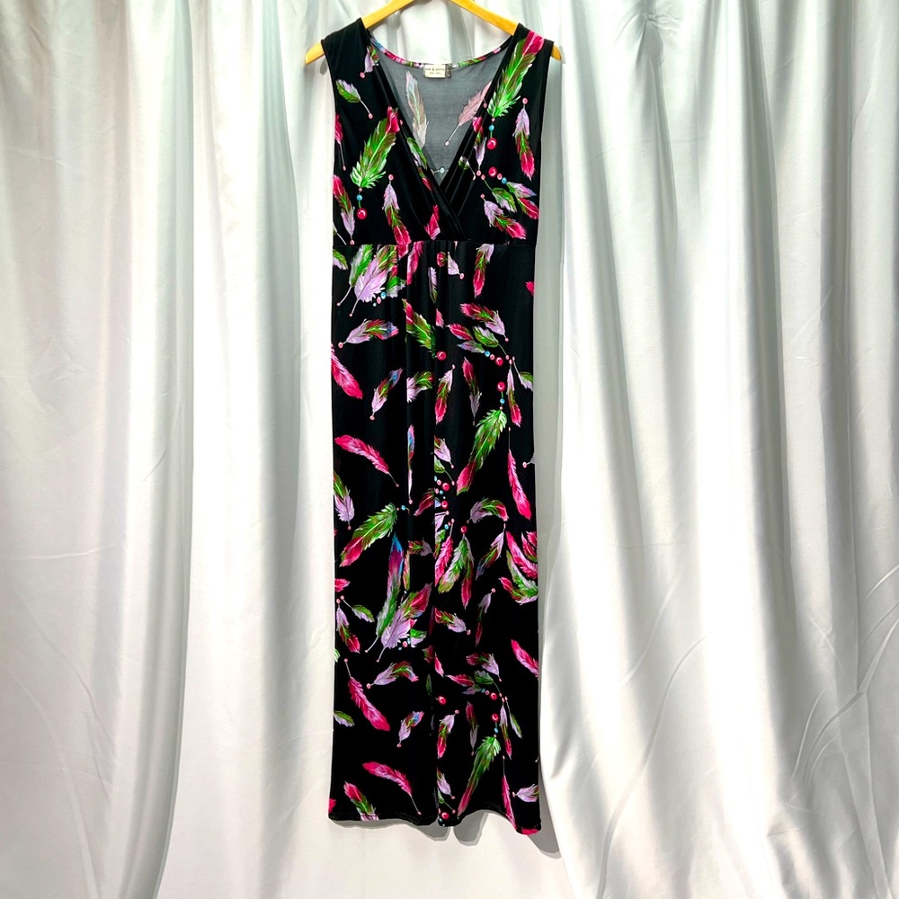 Jon & Anna Pink, Purple, Green & Blue Feather Print on Black Maxi Dress -size 1X